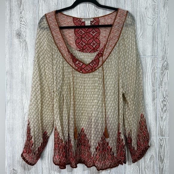 Lucky Brand Tops - Lucky Brand Boho Peasant Sheer Avalon Deco Border Long Sleeve Blouse Top Size 3X